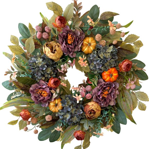 WANNA-CUL Corona de otoño de 24 pulgadas para puerta de entrada con hortensia azul, peonía naranja púrpura y calabazas, decoración de otoño para el hogar, corona de puerta grande para decoración de ot