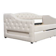 Noble House Twin XL Linen Upholstered Daybed, Tufted Frame with 7-Color LED Belt and 2 Storage Drawers, Beige