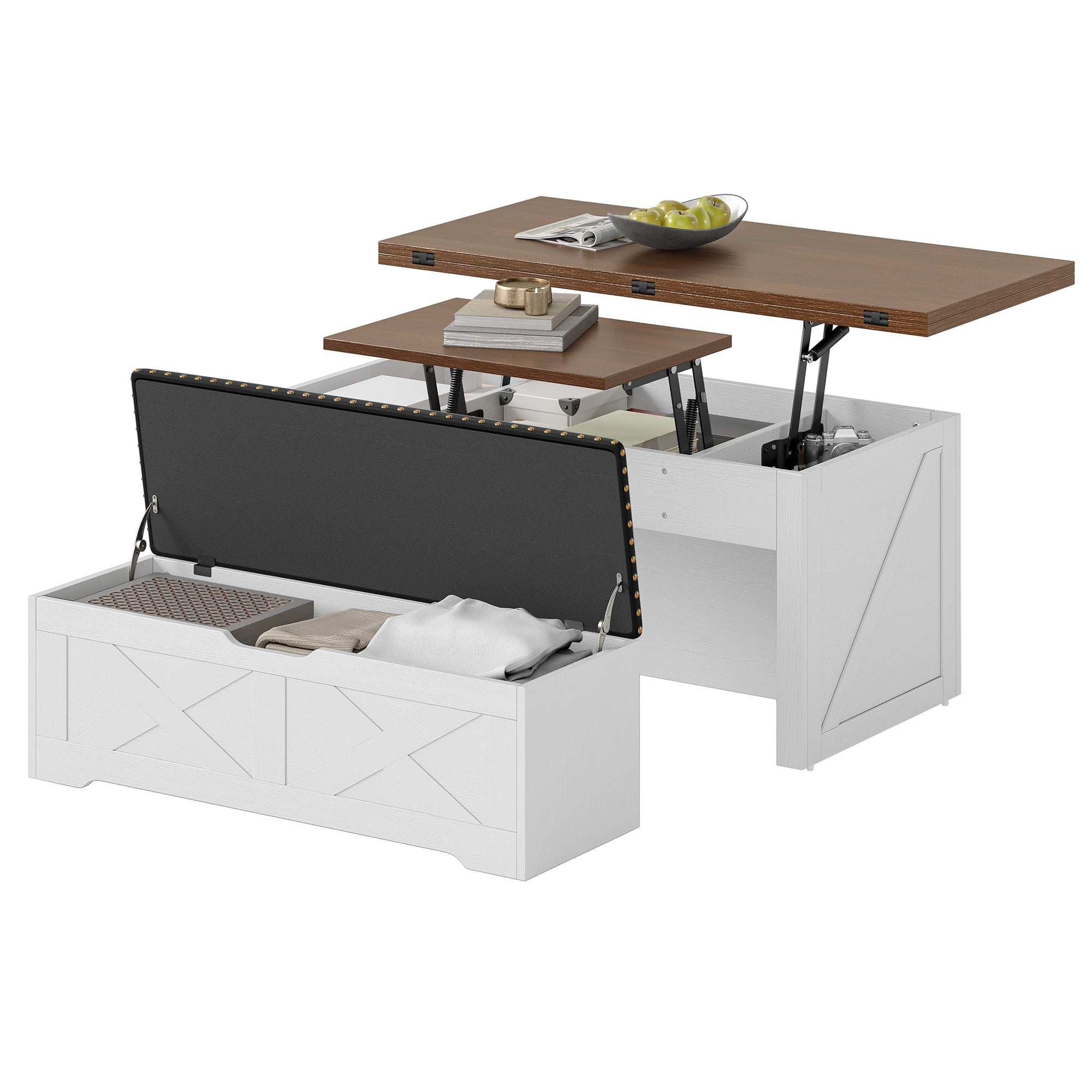 Uforic Wood Lift Top Coffee Table with Rolling Ottoman Storage Bench, White