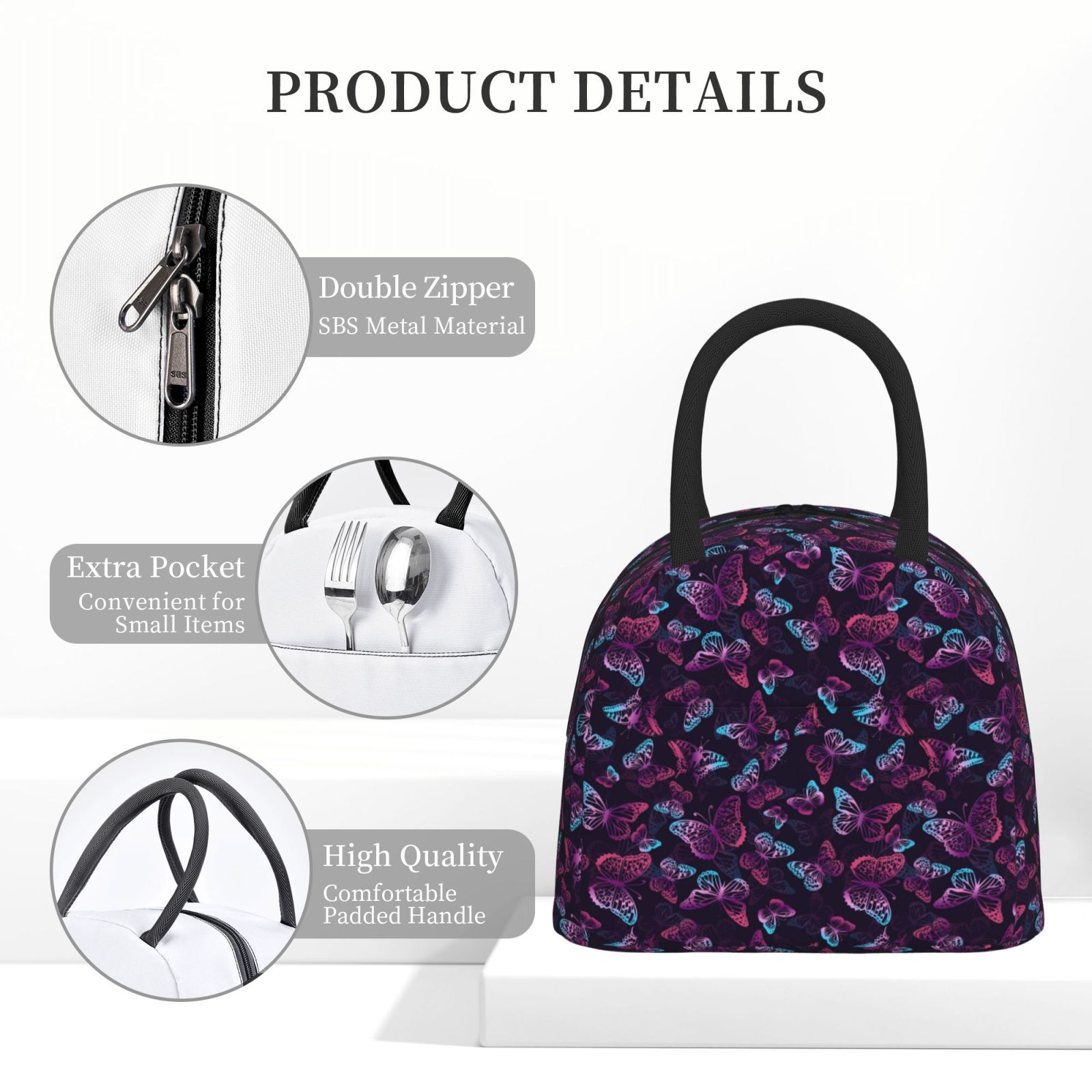 Horeoi Purple Butterfly Pattern Large Insulated Lunch Bag for Work, School, Picnic - Waterproof, Durable Oxford Cloth, Comfortable Handle-Black