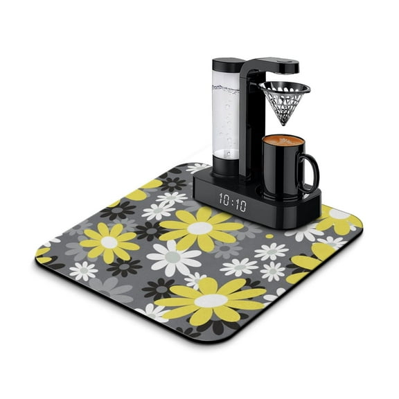Washable Rubber Daisy Cute Floral Dish Drying Mats for Kitchen Counter Home Large Coffee Bar Pad Accessories and Decor for Utensils Stemware 16''x18''