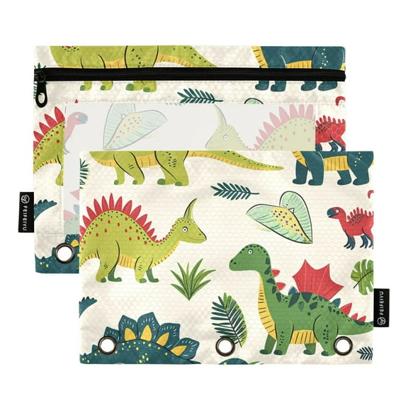 2 Pack Pencil Pouch for 3 Ring Binder Cartoon Dinosaur Pencil Case Clear Window Zipper Pencil Bag Organizers
