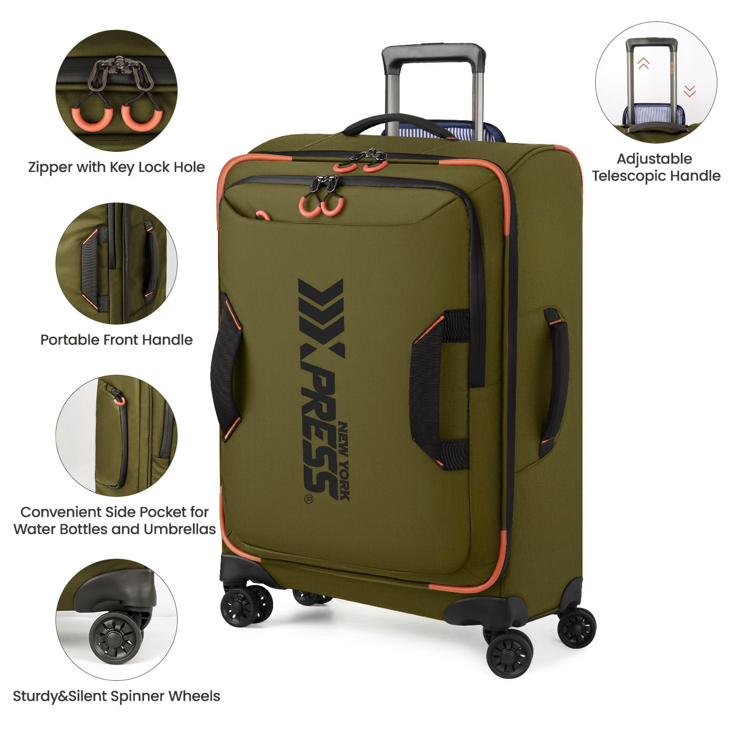 New York Xpress 26" Softside Medium Checked Luggage, Lightweight Water-Resistant Upright Suitcase with Wheels, Green - TA8353