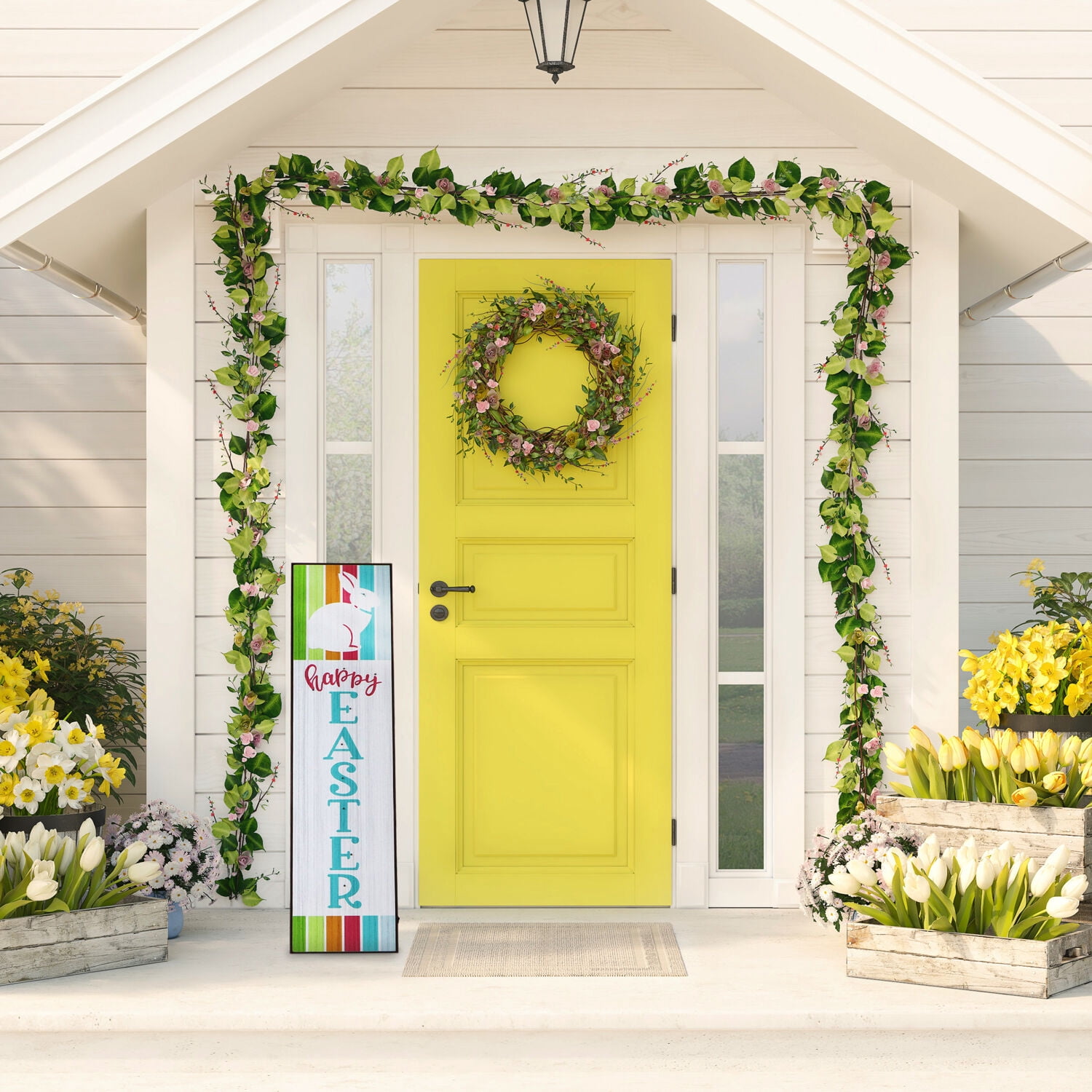 Fraser Hill Farm 45-inch Happy Easter Front Porch Sign with Built-In LED Lights and Bunny, Battery Operated, Spring Porch Leaner, Festive Holiday Decor for Home, Patio, Easter Decor, Multicolor
