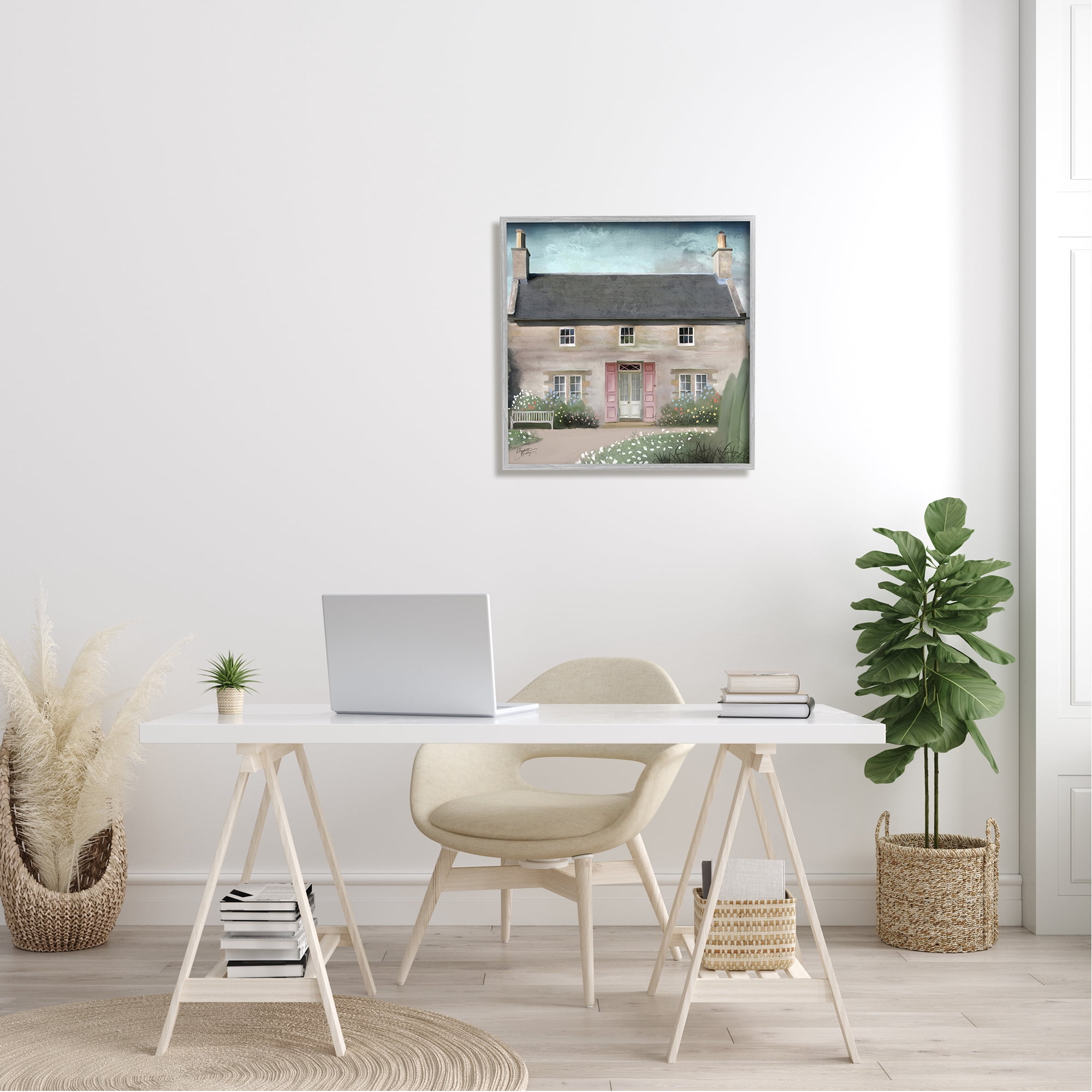Stupell Industries Peaceful Rural Cottage House Blooming Flower Buds Graphic Art Gray Framed Art Print Wall Art, Design by Elizabeth Medley