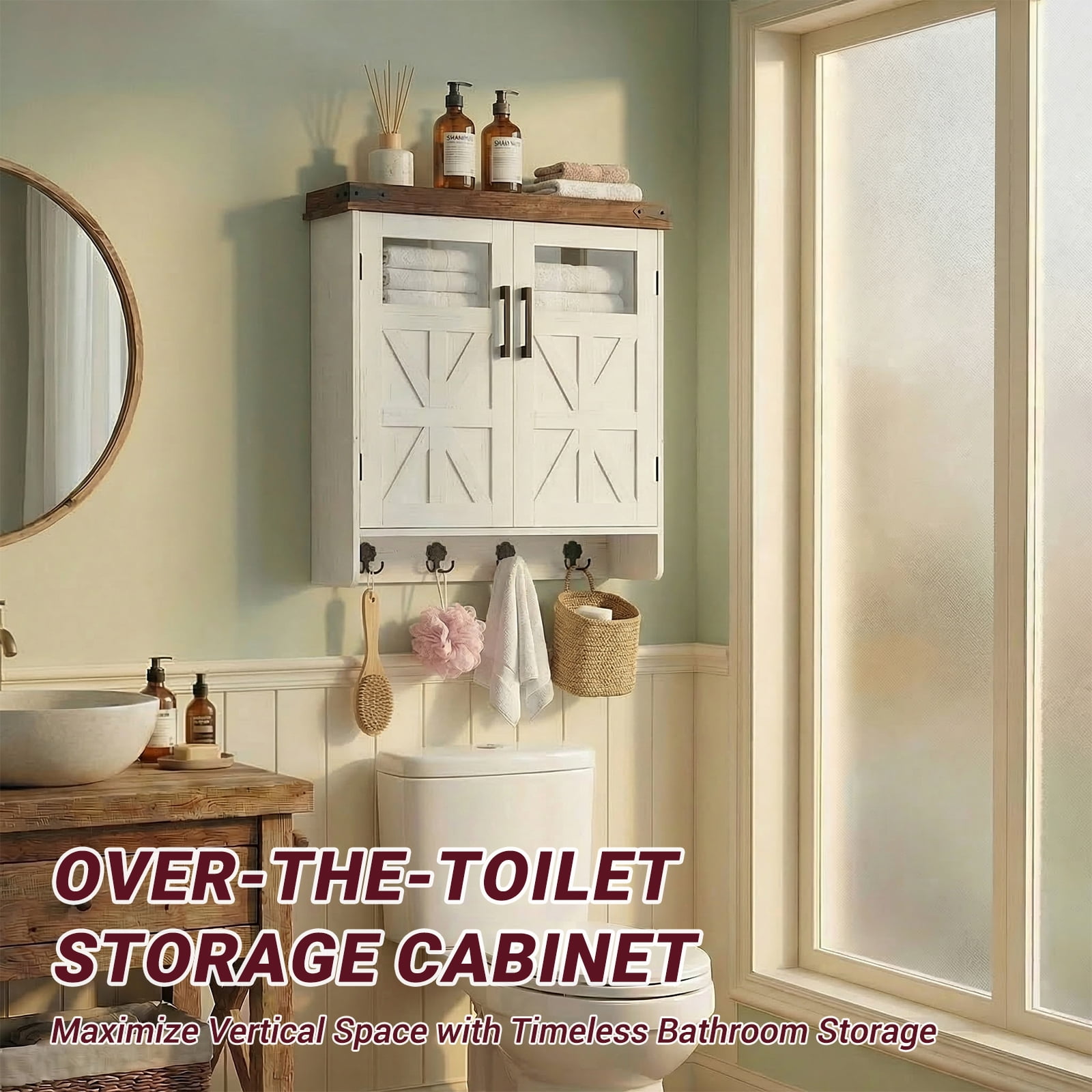 Bathroom Wall Cabinet Wall, Over Toilet Storage Cabinet, Bathroom Medicine Cabinet with Adjustable Shelves & Hook, Farmhouse Bathroom Storage for Small Bathrooms, Kitchen, Laundry
