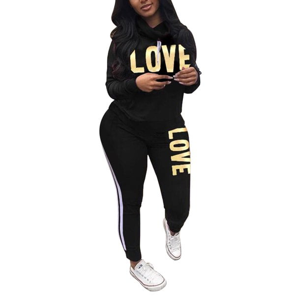 Fashion Women Colors Splicing Letter Print Bodycon Hooded Sports Jumpsuits 2pcs 