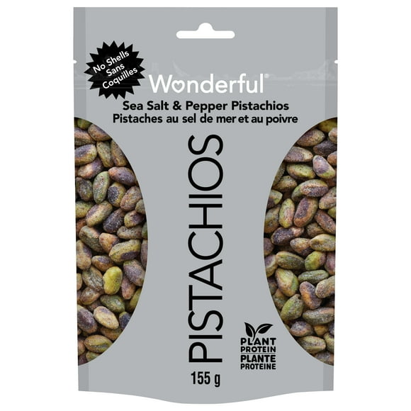 Wonderful Pistaches Sans Coquilles Pistaches au sel de mer et au poivre, Sachet de 155 g Un sac refermable de 156 g de nos pistaches sans écailles Wonderful Pistachios, sel de mer et au poivre.