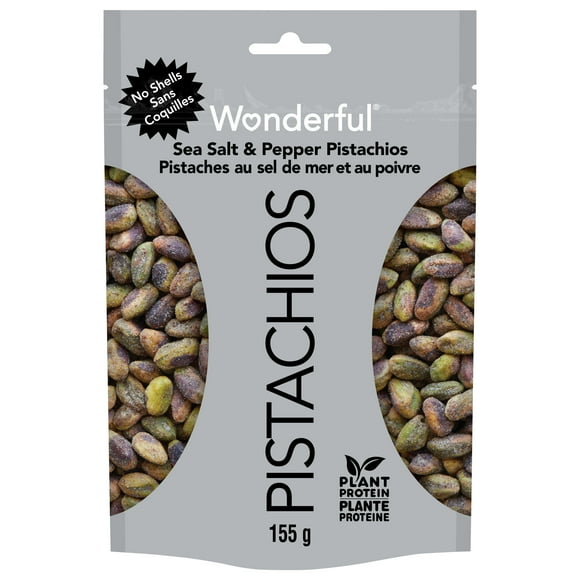 Wonderful Pistachios, No Shells, Sea Salt & Pepper 155 g Resealable Bag, One 155 g Resealable Bag of our Sea Salt & Pepper Wonderful Pistachios Without the Shell