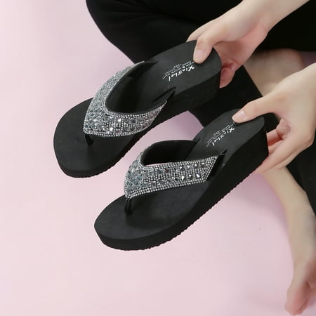 

Slippers for Women Summer Slippers Rhinestones Wedges Flip Flops Women s Casual Beach Shoes Black 7.5