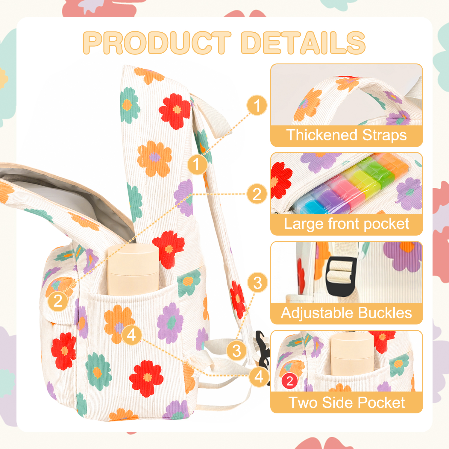 Set de mochila 3 en 1 para niñas de 10+, ligera, con lonchera térmica y estuche, resistente, para adolescentes, para laptop de 15", floral 4