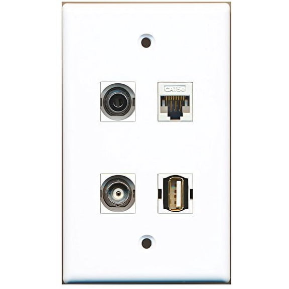 RiteAV - 1 Port USB A-A 1 Port 3.5mm 1 Port BNC 1 Port Cat5e Ethernet White Wall Plate