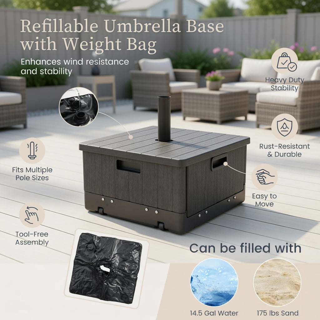 Resenkos Umbrella Base for Patio, Umbrella Stand Outdoor Base,175 LBS Outdoor Fillable Umbrella Base with Table Tray-Brown