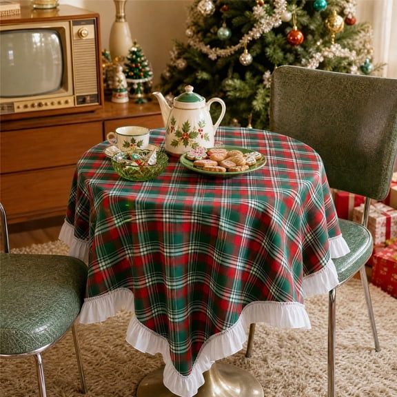 MMJ Christmas Tablecloth Round Red Green Plaid with White Ruffled Hem, Grandmacore Holiday Dining Table Cover Christmas Decor 23.62x23.62in