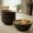 Set of 4 Black Individual Bowls, variant on Woodard & Charles Acacia Wood 12” Salad Serving Bowl with Servers, 3 Piece Set