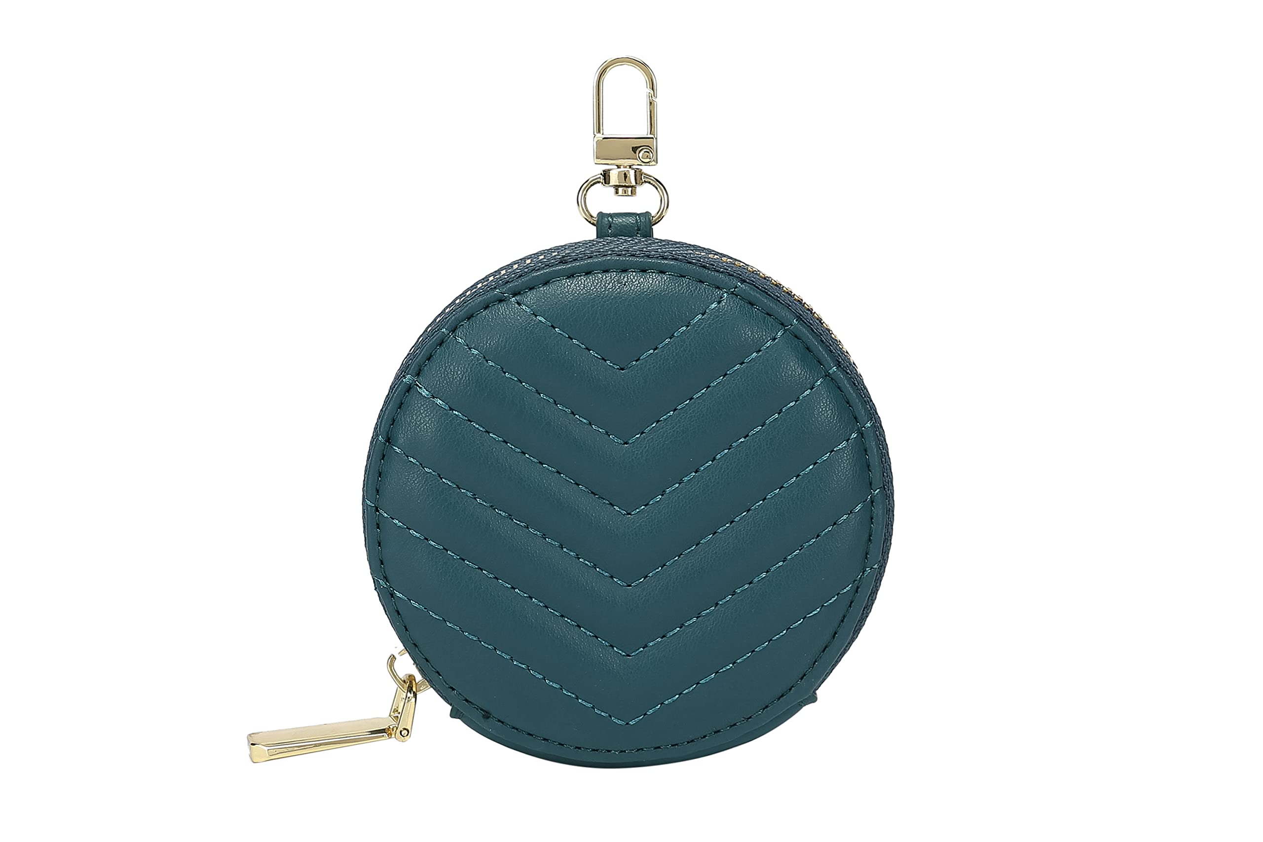 Daisy Rose Round Quilted Chevron Coin Purse Pouch Change Wallet Holder with clasp - PU Vegan Leather - Turquoise