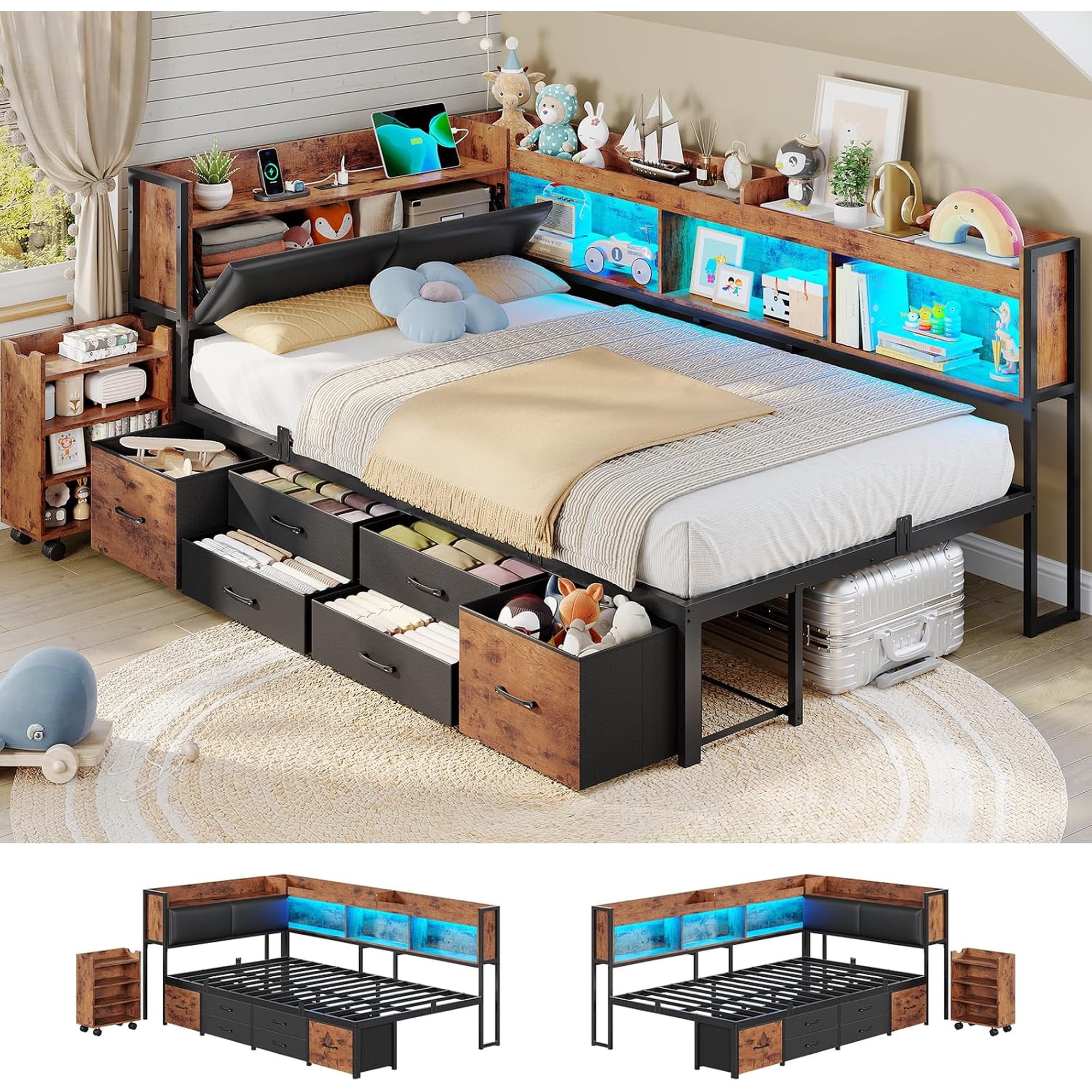 14‘’ Corner Bed Frame with Pull-Out Cabinet, Upholstered Twin LED Daybed with Storage Bookcase & Headboad and Charging Station, Metal Platform Bed for Bedroom& Apartment Brown