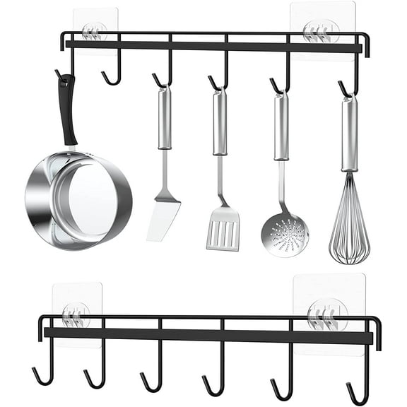 Adhesive Kitchen Hooks Utensil Hanger Holder Hanging Rack 2 Pack, Hanging Rack Wall Mounted Kitchen Rail for Spoons Pot Coffee Mug Cups Tags(Black)