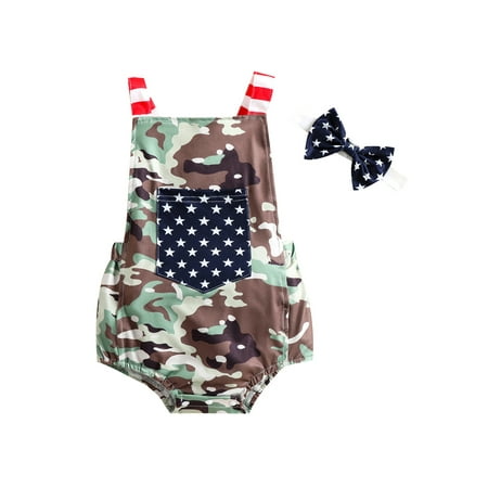 

Suanret Independence Day Infants Newborn Baby Girl Jumpsuit Camouflage Casual Sleeveless Striped Strap Suspender Rompers and Headband Green 0-6 Months