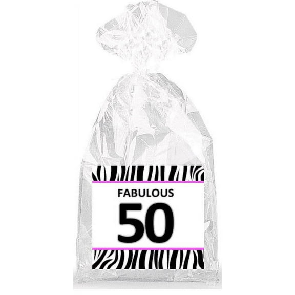 Fabulous 50th Birthday Zebra Pattern Party Favor Bags with Ties - 12pack