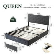 Amolife Queen Size Platform Bed Frame with Diamond-stitched Headboard and 4 Drawers, Dark Gray