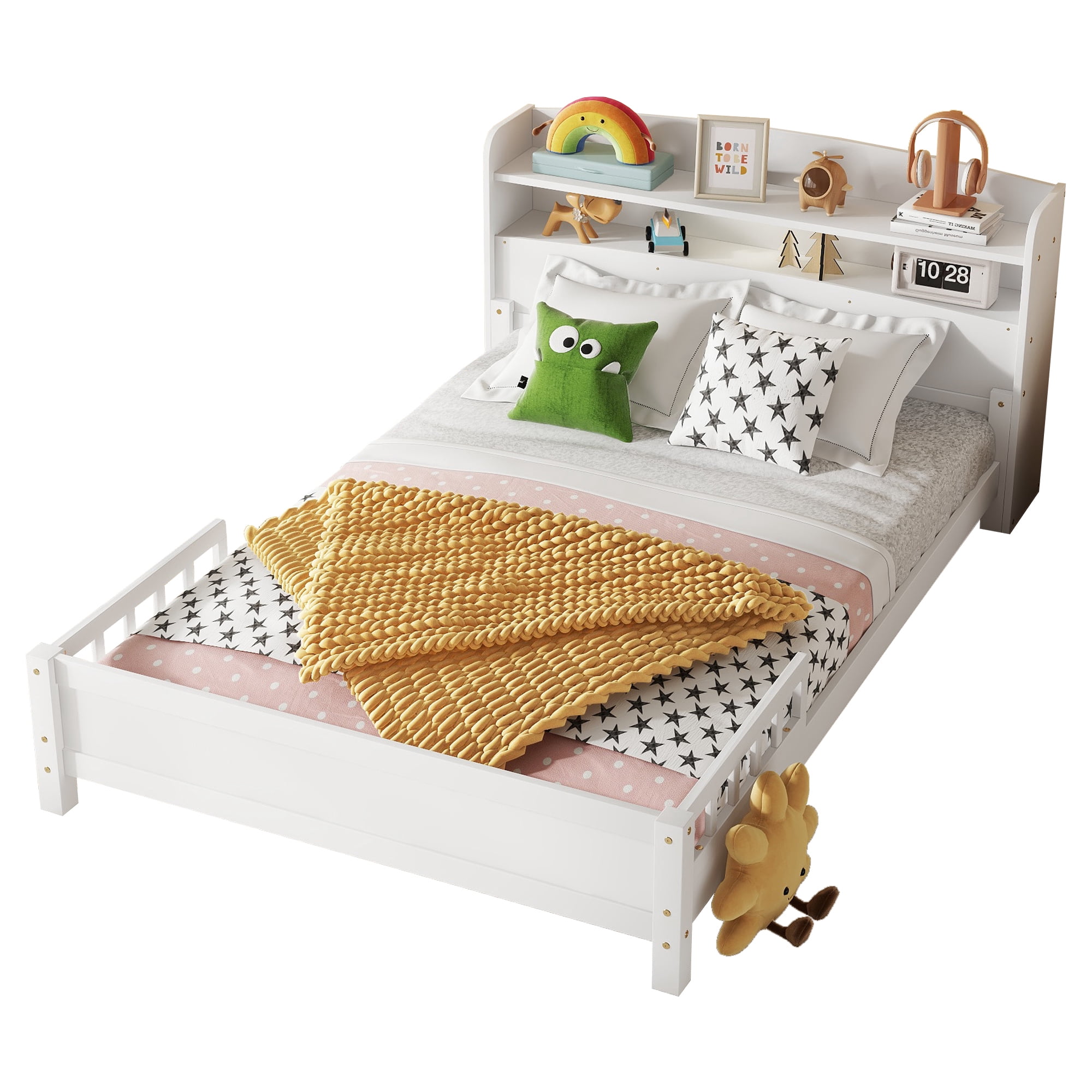 Leumius Full Pine Wood Bed with Bookcase Headboard, LED Motion Sensor Light, Guardrails for Boys Girls White