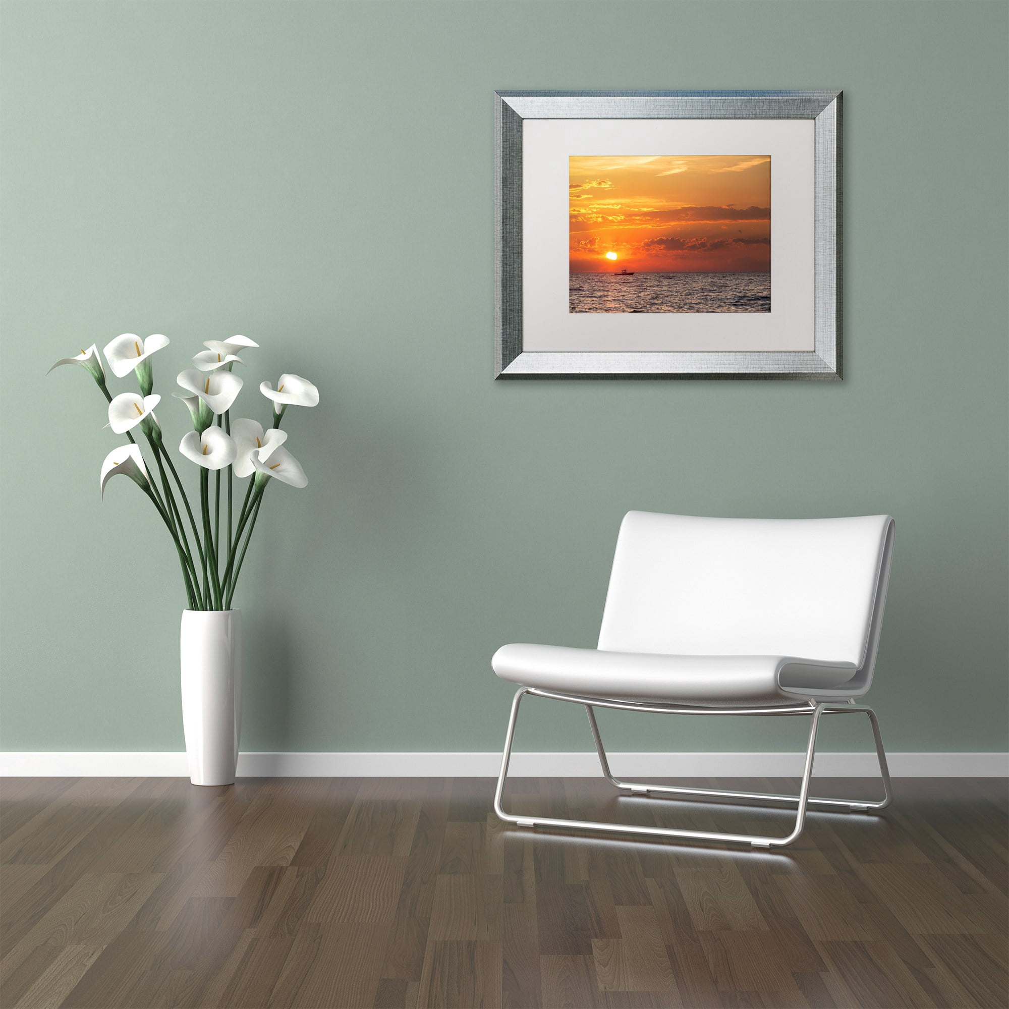 Trademark Fine Art "Fishing Boat Sunset" Canvas Art by Jason Shaffer, White Matte, Silver Frame