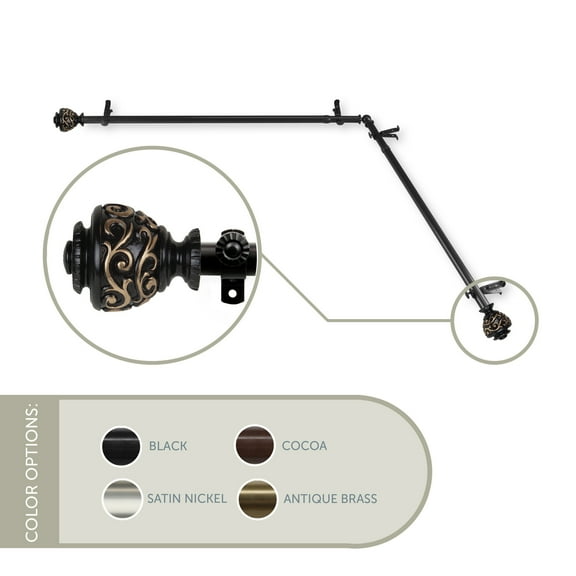13/16" Dia Adjustable Corner Window Single Curtain Rod 66 to 120" (each side) in Black with Ingo Finials,(4889-662-CR)