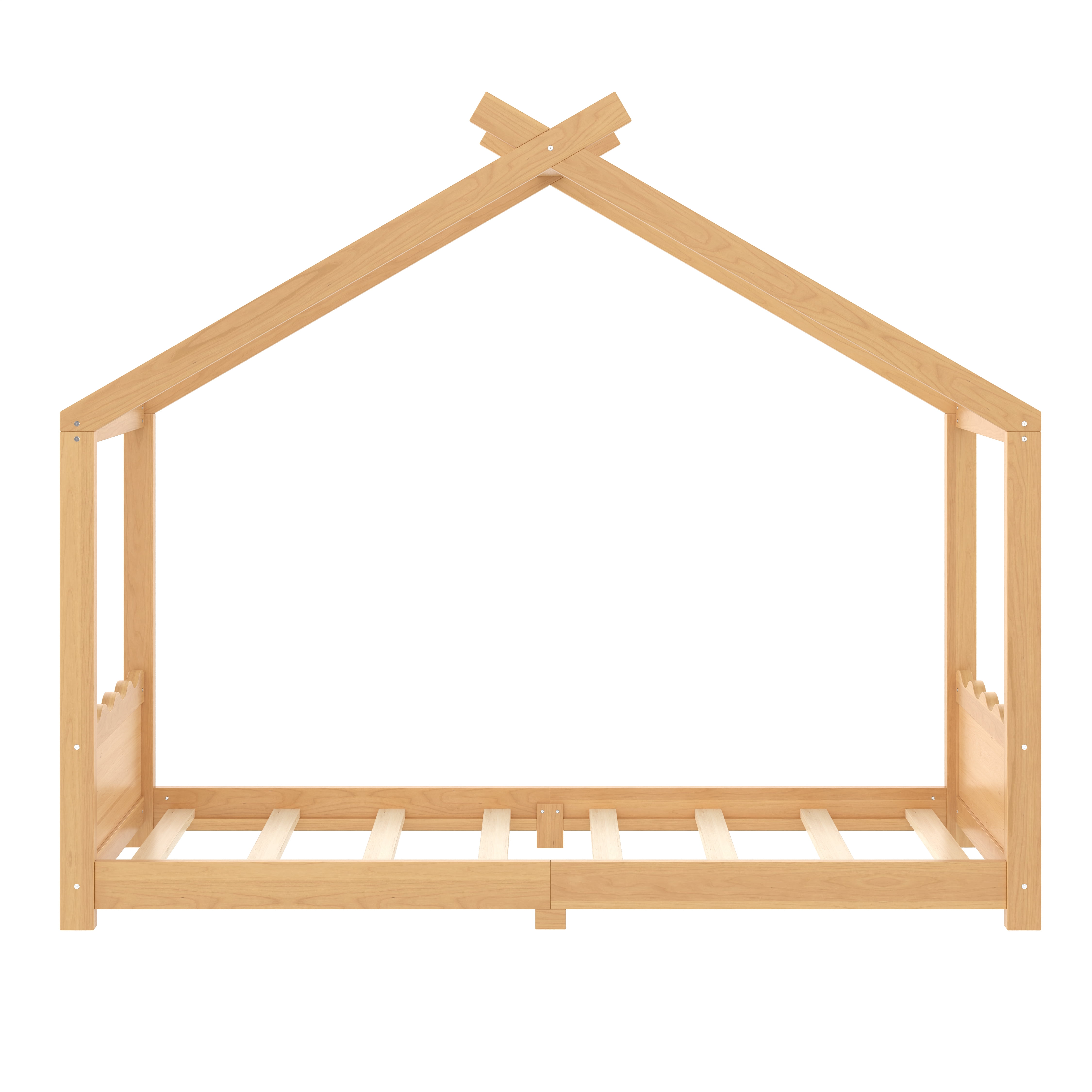 Yoneston Twin House Floor Bed with Roof, Solid Wood Platform Bed Frame with Opening Constructure for Kids, No Box Spring Needed, Natural