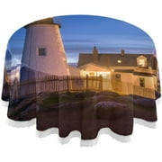 SKYSONIC Pemaquid Point Light in Bristol Maine USA Round Tablecloth 60In,Round Table Cloth Water Resistant Spill Proof Large Table Cover for Family Gathering Dinner, Hotel, BBQ