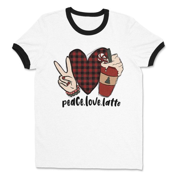 Peace Love Latte Ringer Tee Shirt Unisex Large White/Black