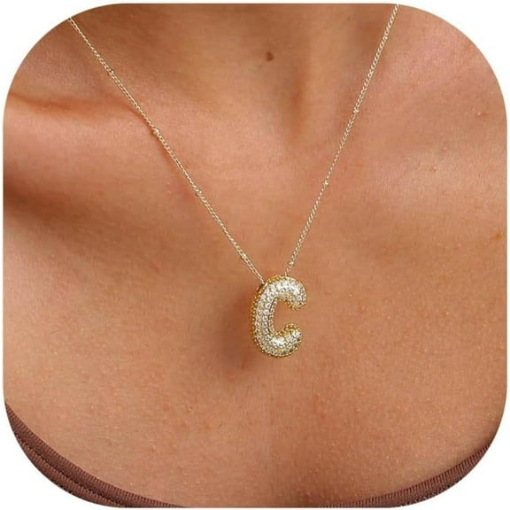 Bubble Letter Necklace Gold For Women Dainty Balloon Initial Cubic Zirconia Necklaces 14K Gold Plated Alphabet Pendant Necklace Personalized Jewelry Gift[o611]