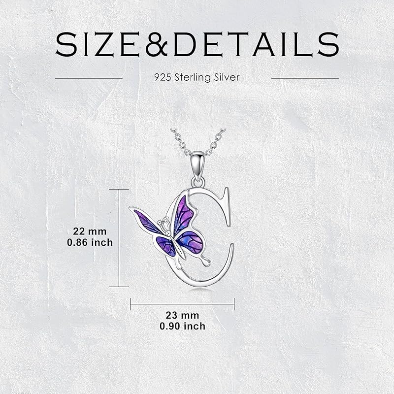 AOBOCO Initial Necklace for Women 925 Sterling Silver Purple Butterfly with A-Z 26 Letters Pendant Necklace for Graduation Gifts