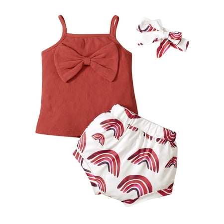 

Toddler Kids Baby Girl Ribbed Bowknot Vest Tops Rainbow Print Shorts Outfits Set
