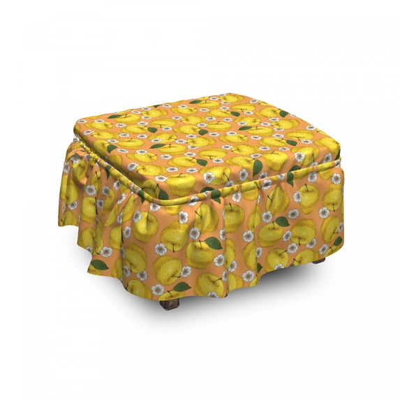 Spring Ottoman Cover, Apples and Blooms Garden, 2 Piece Slipcover Set with Ruffle Skirt for Square Round Cube Footstool Decorative Home Accent, Standard Size, Mustard Apricot and Emerald, by Ambesonne