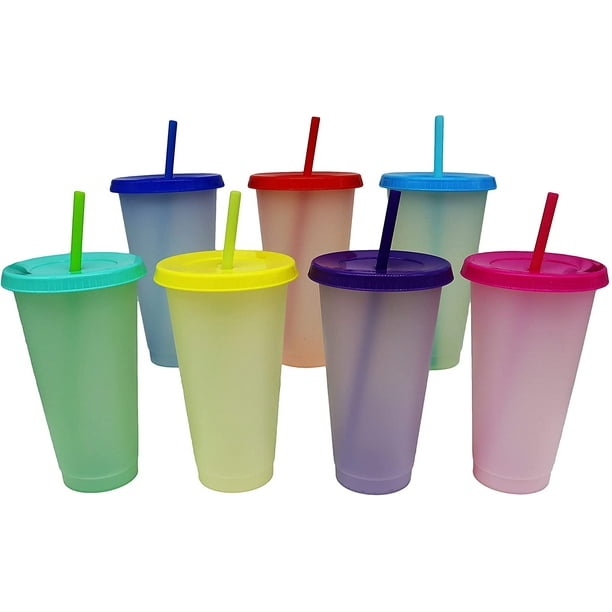 Lot de 5 gobelets en plastique avec couvercles, pailles, réutilisables,  pour café d'été et fête, pour adultes, 710 ml