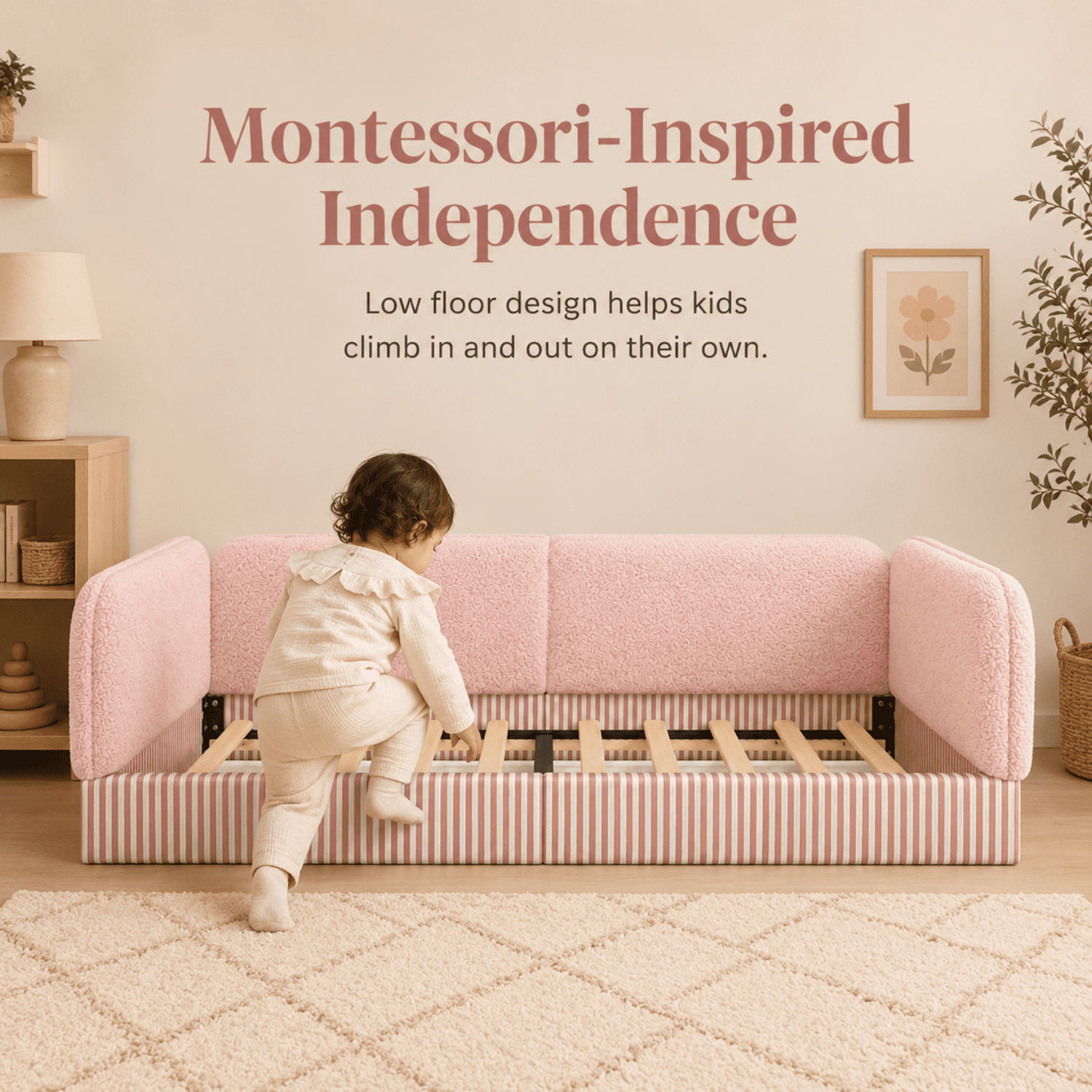 Miniyam Twin Kids Floor Bed with Padded Guardrails, Teddy Fleece Upholstered Montessori-Inspired Bed, Pink