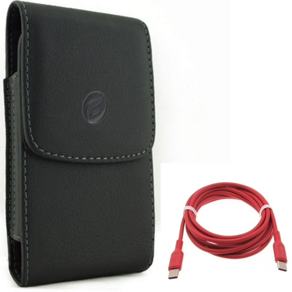 For Google Pixel 6a - Case Belt Clip w Red 6ft Long Cable, Leather Holster Cover, USB-C to Type-C PD Fast Charger Cord for Google Pixel 6a Phones