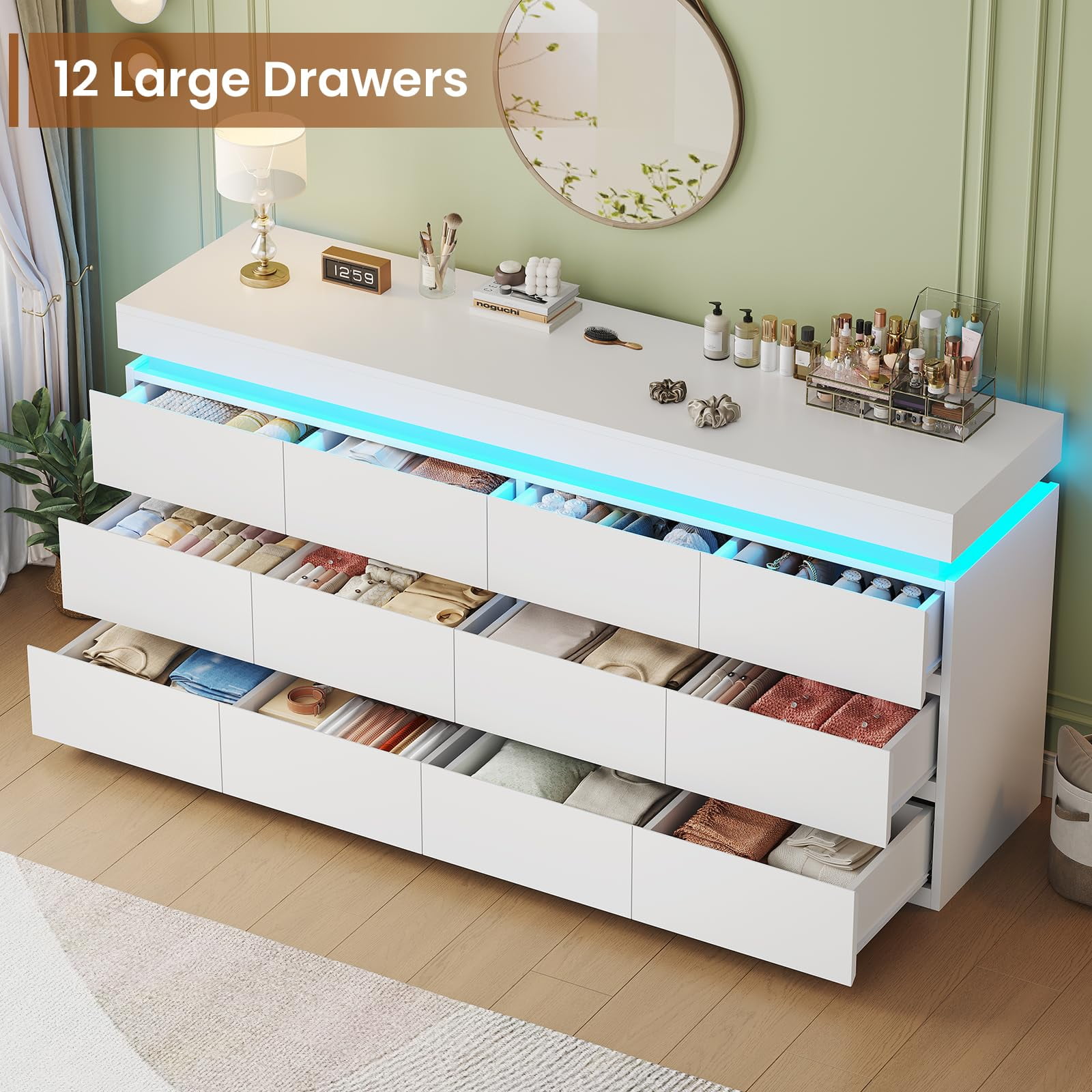 Afuhokles 12 Drawer Dresser with LED Light, White Modern Chest of Drawers for Bedroom