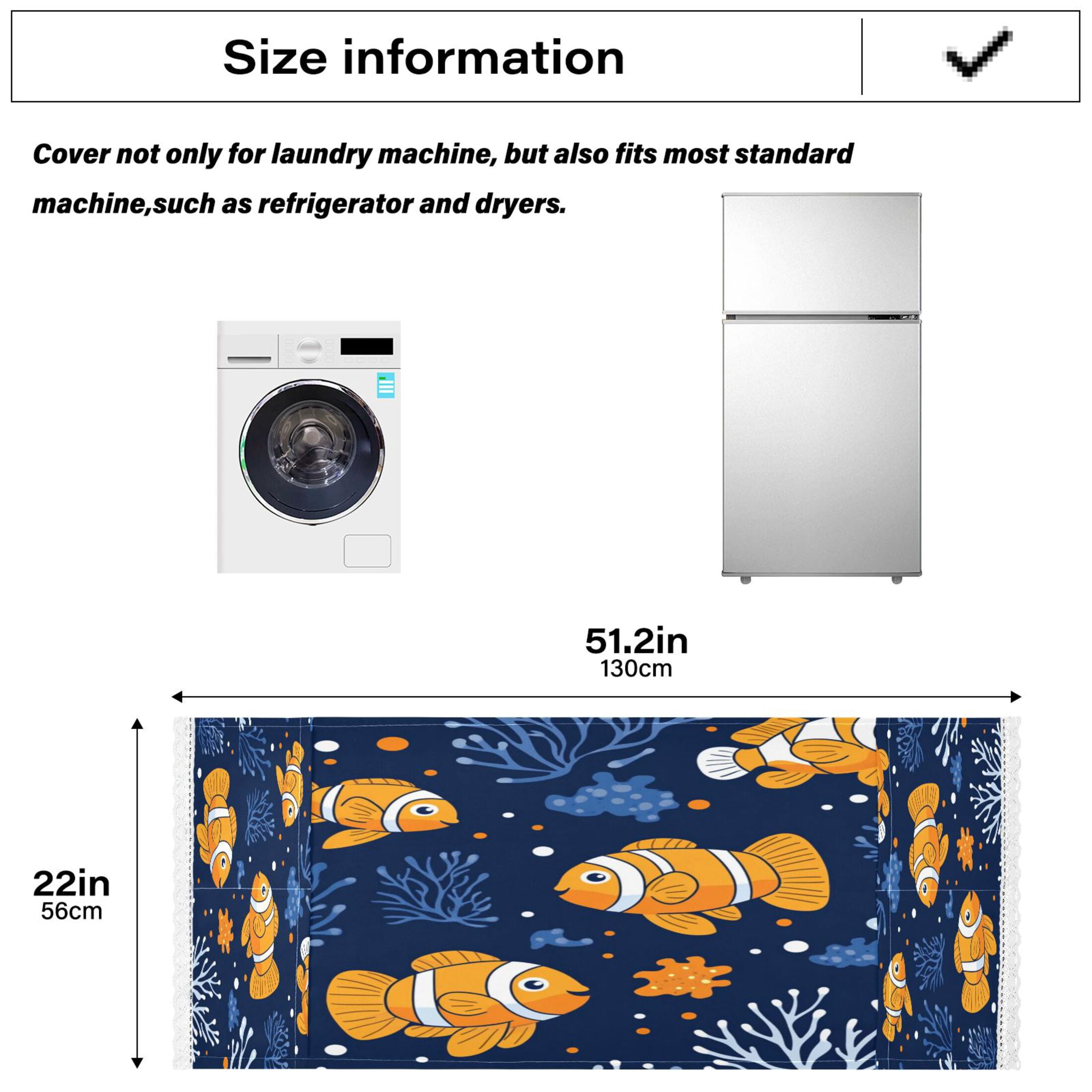 Washing Machine Cover 51.2x22in, Durable Polyester Dust Cover with Lace Trim and Side Pocket for Appliances Cute Clownfish Pattern