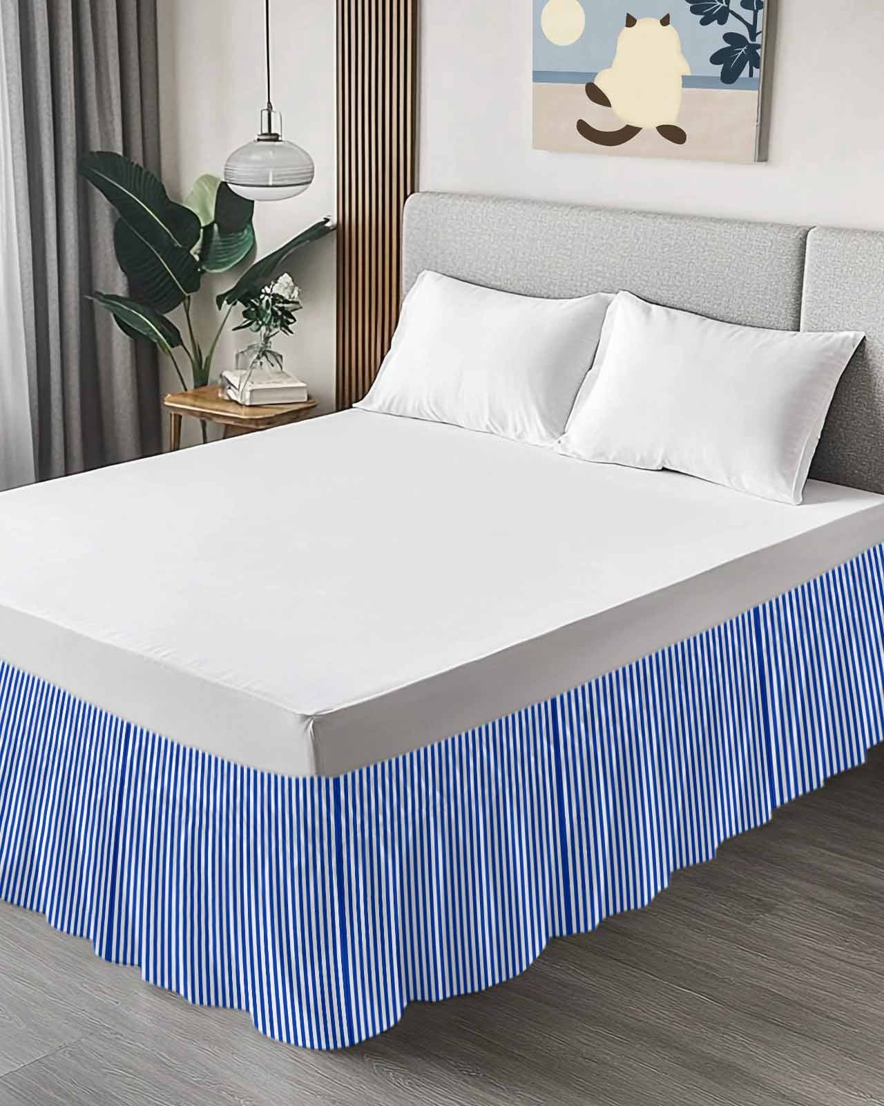 Navy Blue Stripe Wrap Around Bed Skirts for Queen Bed 16" Drop,Bed Skirt with Adjustable Elastic Belt Dust Ruffle Bed Valance for Bedroom Hotel Modern White Vertical Striped Geometric Bed Frame Cover