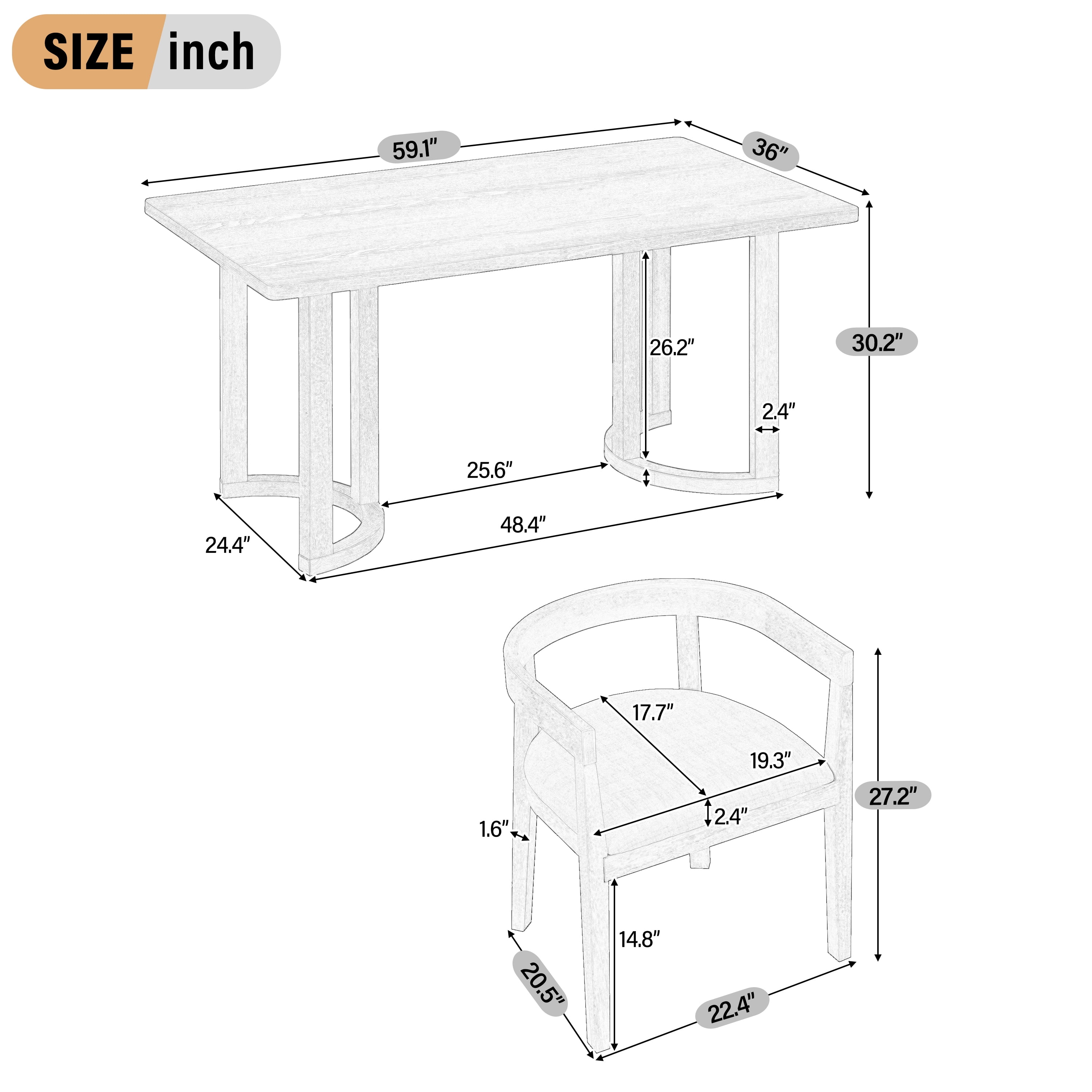 7 Piece Dining Table Set for 6, 59" Rectangular Dining Table with 6 Upholstered Barrel-Back Chairs