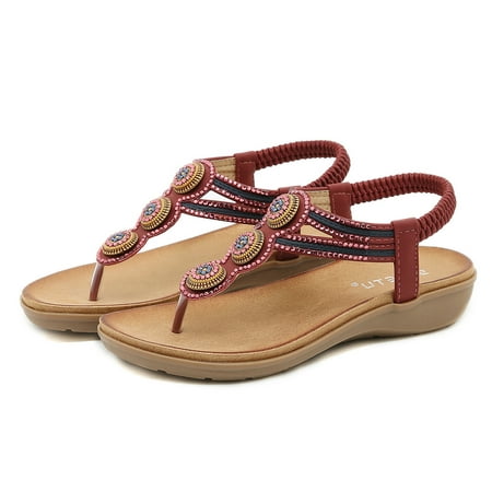 

HIBRO Sandals For Womens Bohemian Crystal Shoes Elastic Strap Roman Wedges Sandals