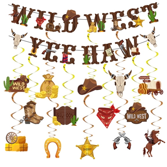 Cowboy Party Decorations, Cowboy Theme Party Decorations Include Western Cowboy Happy Birthday Banners and Hanging Swirls, Yee Haw Ceiling Streamers for Boys Birthday Western Baby Shower Party Decor