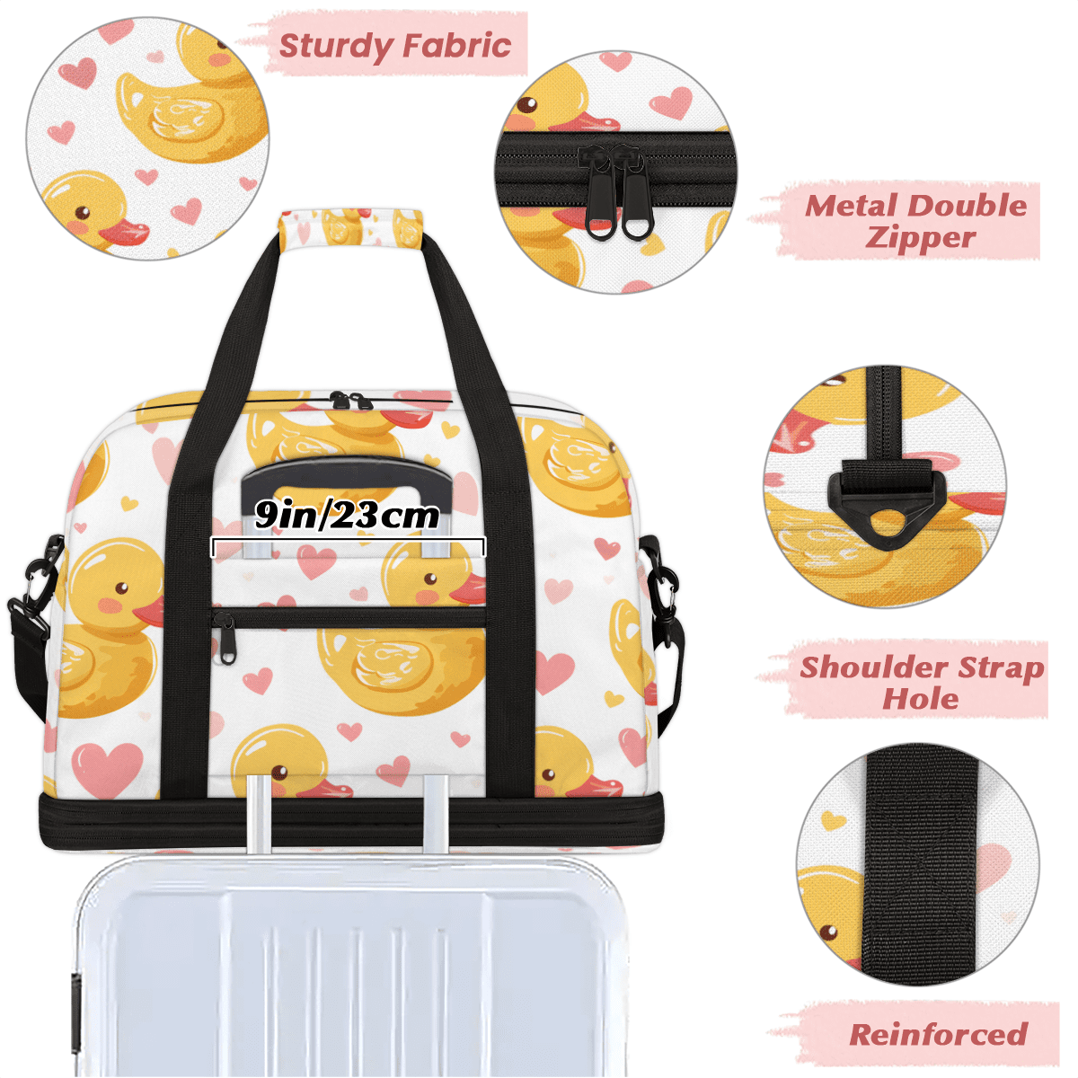 Herdesigns Cute Duck Foldable Travel Duffel Bag for Women Men, Pink Love Weekend Overnight Carry On Bags with Shoe Compartment