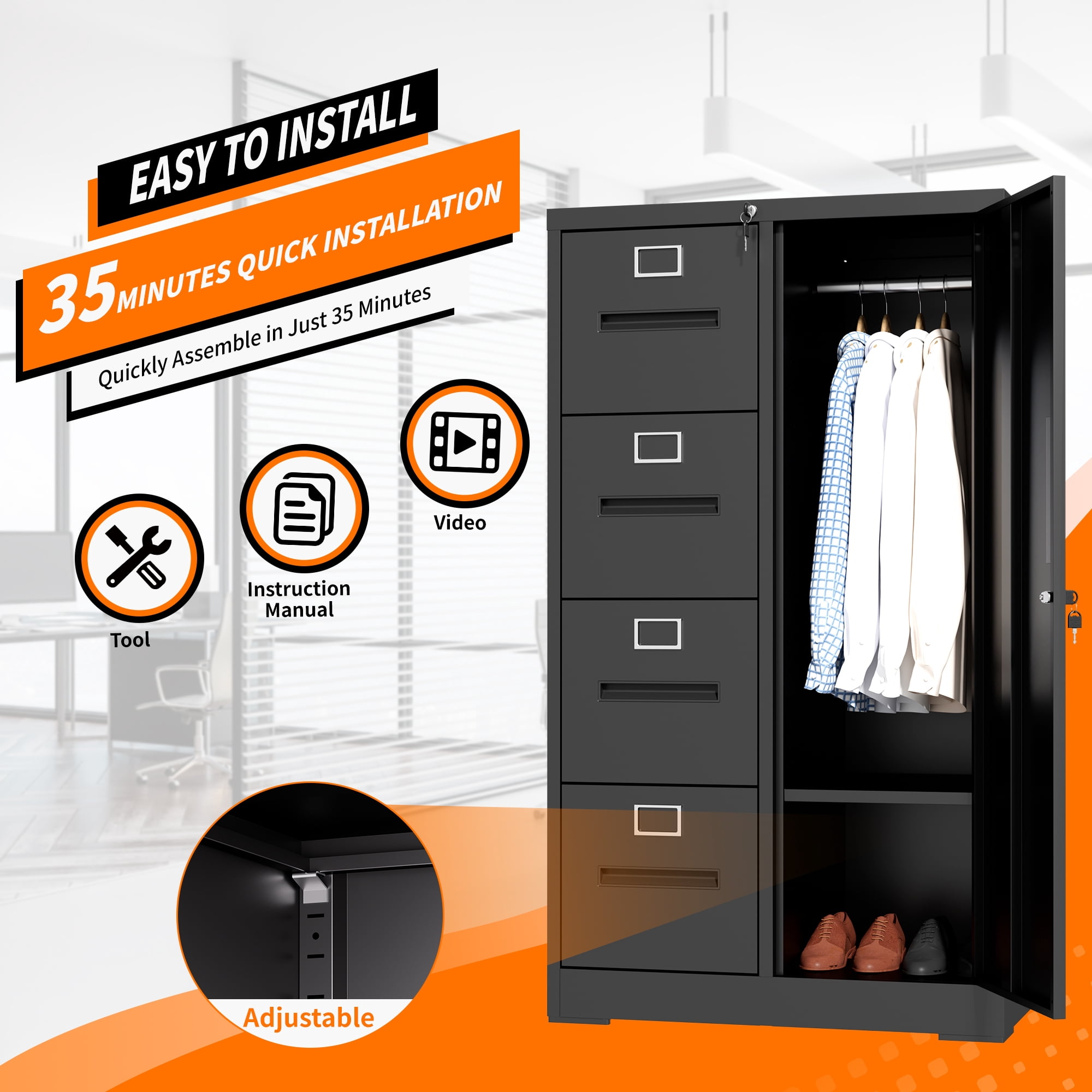 Leumius 52.4" Tall Metal Storage Cabinet with Lock,Freestanding Filing Cabinet Armoire Wardrobe Closet with 4 Drawers & Hanging Rod for Office,Living Room,School,Black