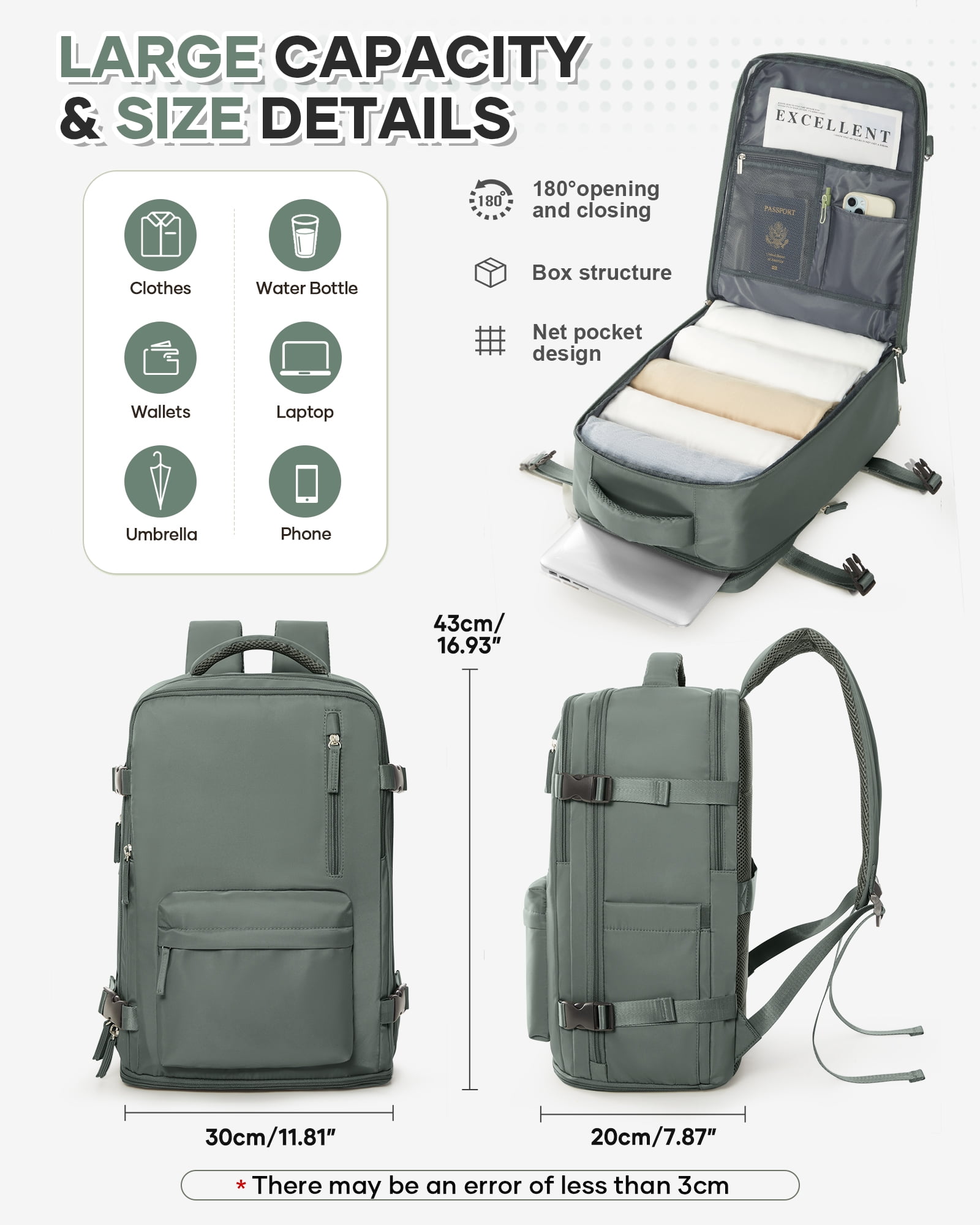 Lightweight Travel backpacks for Adults, Flight Personal Carry on Backpack for Women Men, Approved Airlines Back Pack Carry-ons Mochilas de Viaje, Waterproof Luggage Laptop Backpack Olive-Green