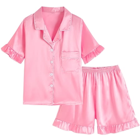 Rggeeun Baby Girls Outfit Sets Solid Color Half Sleeve Square Neck Front Buttons Cardigan with Side Pocket Top Elastic Waist Ruched Hem Shorts for Summer Everyday Wear Cozy Tracksuit Pink 11-12 Years