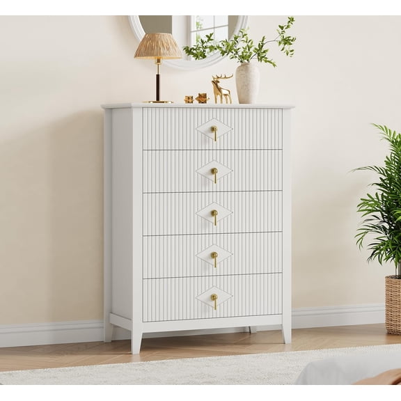 Dresser for Bedroom with 5 Drawers, 32 in Wide Modern Chest of Drawers with Metal Handle, Dresser TV Stand, Wood Drawer Organizer for Bedroom, Living Room, Hallway