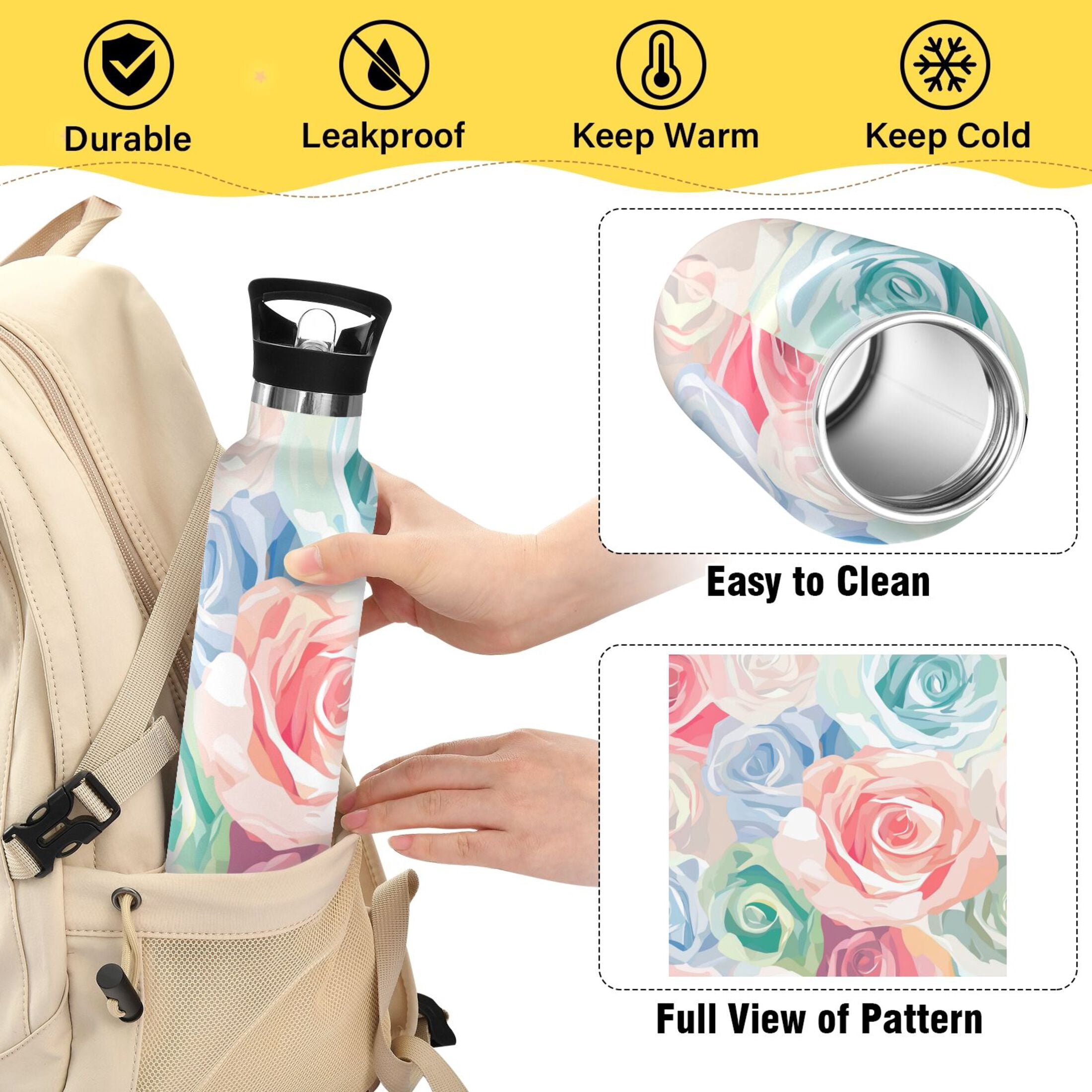 Kids Insulated Stainless Steel Sports Water Bottle 600ml (20oz) Roses Pattern